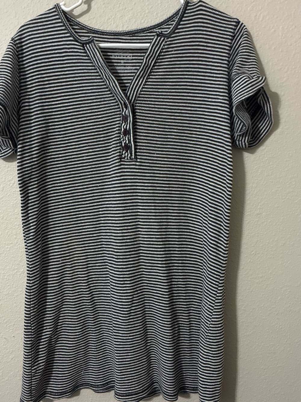 Casual Black & White Striped Short Sleeve Henley Tee